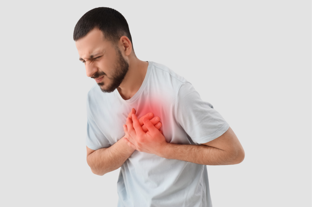 Man experiencing chest pain and holding his heart area with visible red pain highlight