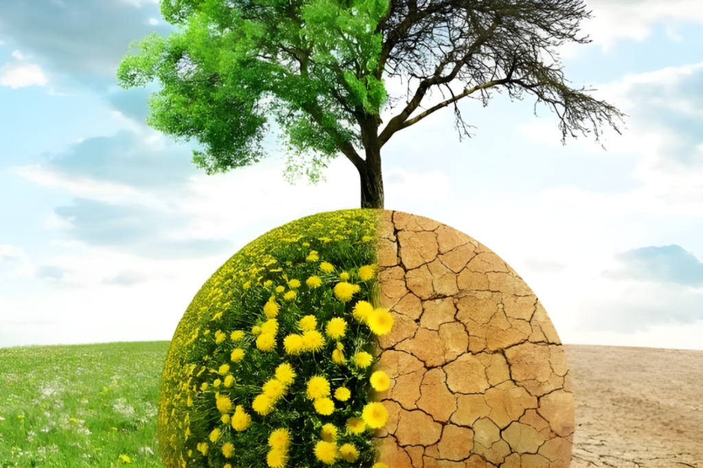 Tree showing contrast between green healthy environment and dry cracked land representing climate change