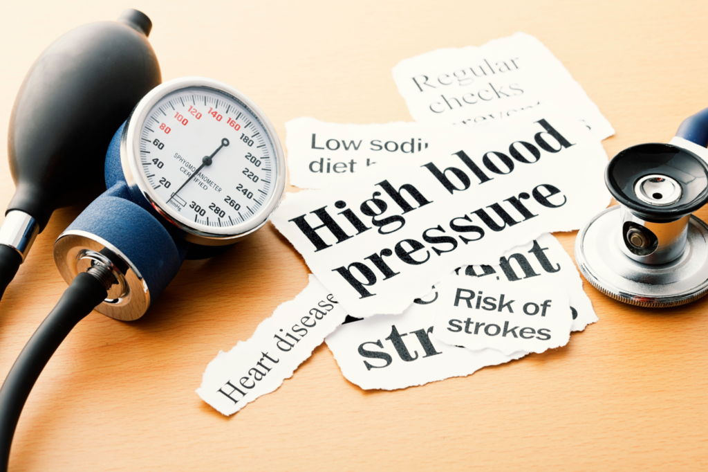 Blood pressure monitor and stethoscope with text highlighting high blood pressure risks