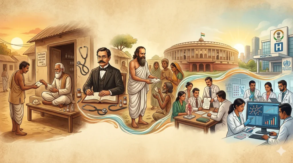 Evolution of healthcare from ancient healing practices to modern medicine and research in India