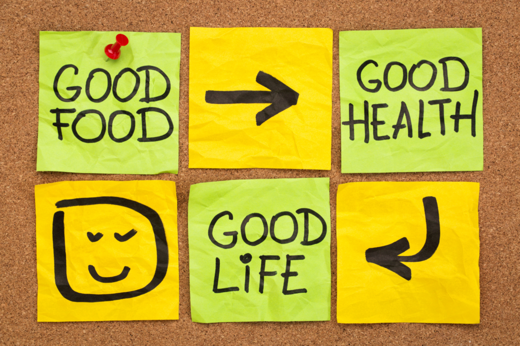 Sticky notes showing “Good Food leads to Good Health and Good Life” with arrows and smiley face