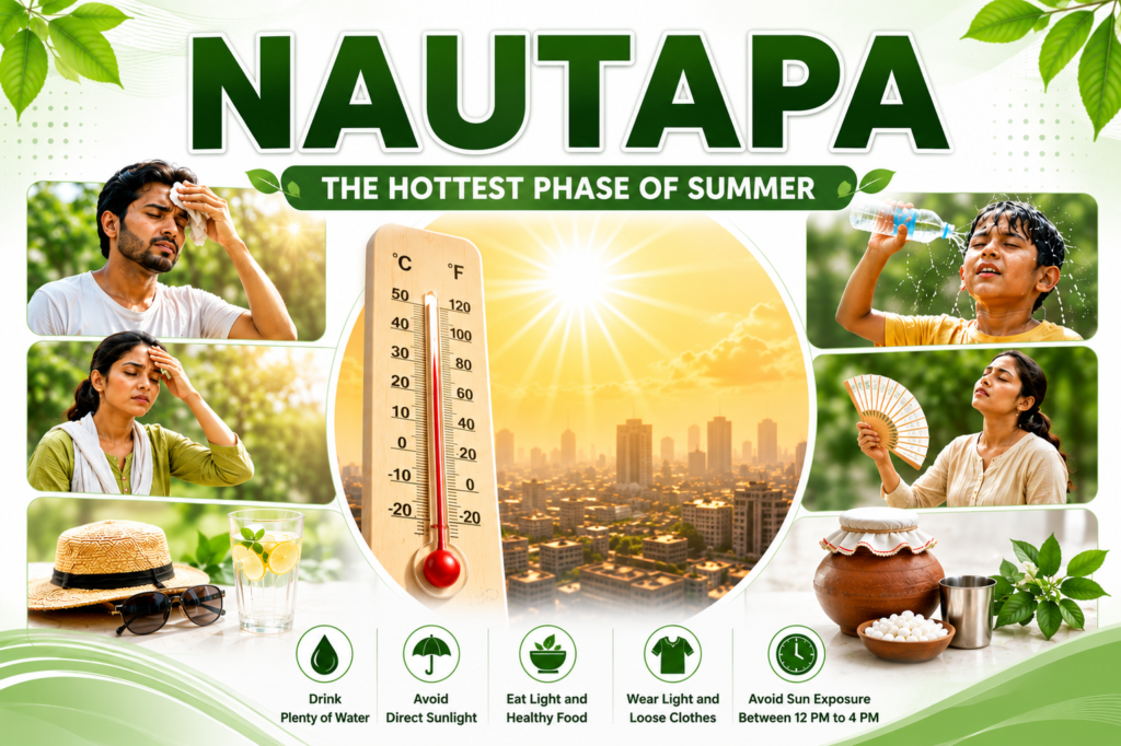 Informative poster about Nautapa showing extreme summer heat, people staying hydrated, and tips for heat protection.