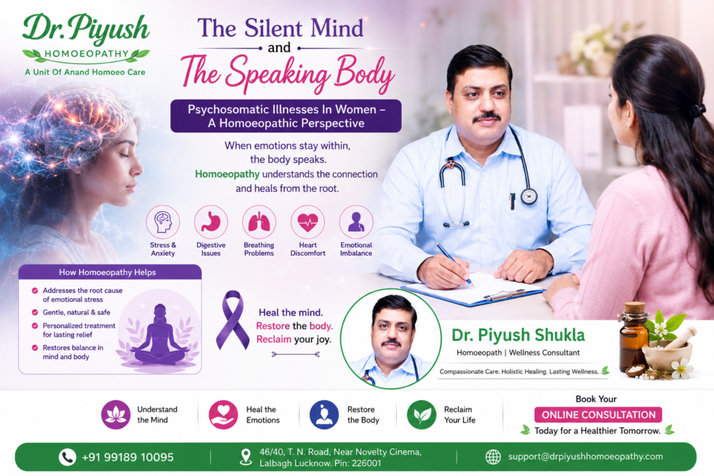 Promotional awareness poster by Dr. Piyush Homoeopathy titled “The Silent Mind and The Speaking Body,” illustrating the connection between emotional stress and psychosomatic illnesses in women through homeopathic care and consultation.