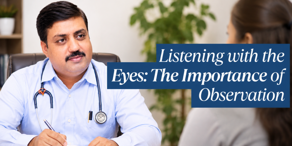 Homeopathy doctor attentively observing and listening to a patient during a consultation, highlighting the importance of non-verbal communication and observation in case taking.