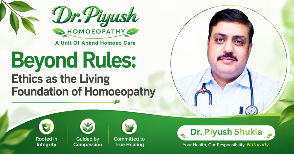 Promotional banner for Dr. Piyush Homoeopathy featuring Dr. Piyush Shukla alongside the article title “Beyond Rules: Ethics as the Living Foundation of Homoeopathy,” with green nature-themed design elements emphasizing integrity, compassion, and true healing.