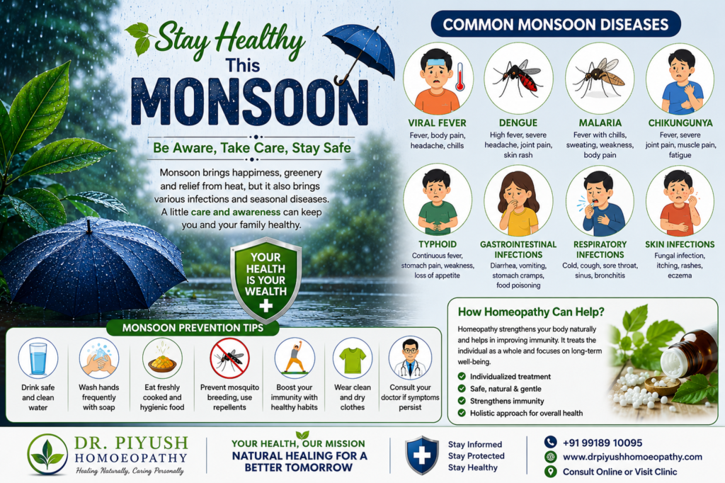 Monsoon disease awareness infographic by Dr. Piyush Homoeopathy highlighting common rainy season diseases, prevention tips, and how homoeopathy supports immunity and natural healing.