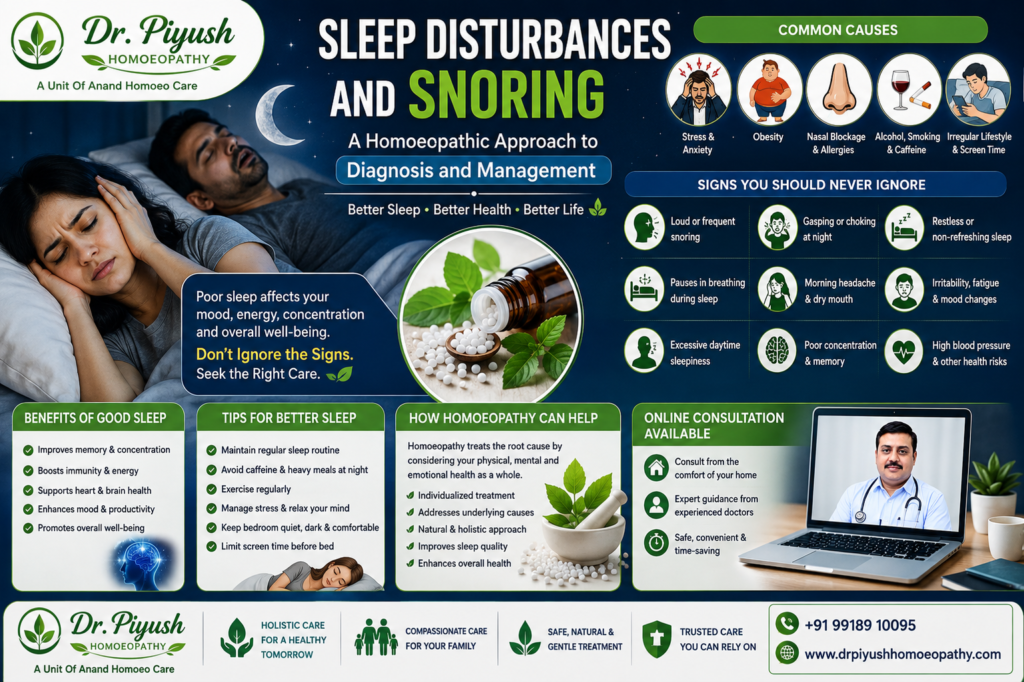 Sleep disturbances and snoring infographic by Dr. Piyush Homoeopathy explaining common causes, warning signs, healthy sleep tips, and a homoeopathic approach to better sleep and overall wellness.