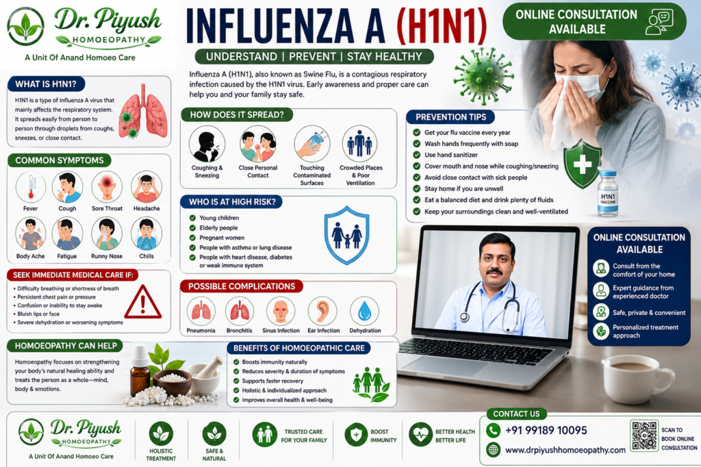 Dr. Piyush Homoeopathy Influenza A (H1N1) awareness poster explaining symptoms, transmission, prevention tips, high-risk groups, possible complications, homoeopathic care, and online consultation services.