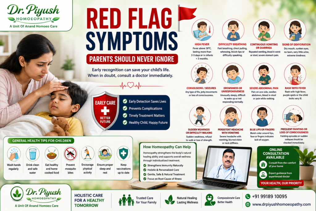 Red Flag Symptoms Parents Should Never Ignore infographic by Dr. Piyush Homoeopathy explaining emergency warning signs in children, including high fever, breathing difficulty, dehydration, seizures, persistent vomiting, abdominal pain, rash with fever, and child health safety tips.