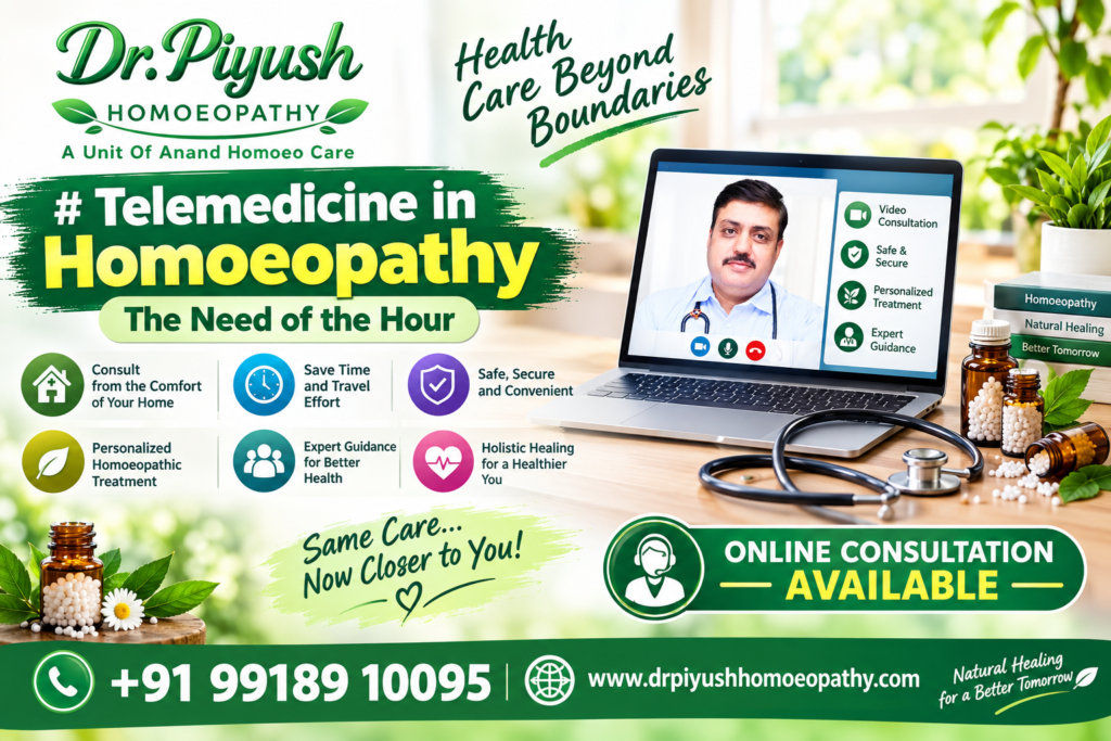 Telemedicine in homoeopathy poster promoting online consultation, personalized treatment, expert guidance, and healthcare from home by Dr. Piyush Homoeopathy