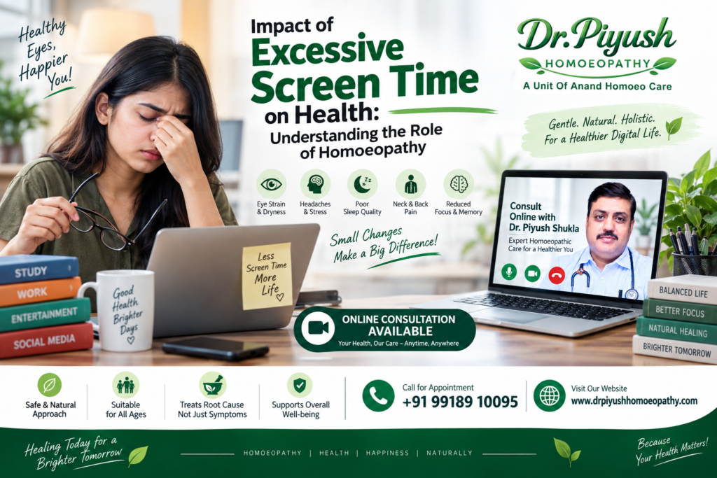 Dr. Piyush Homoeopathy infographic on the impact of excessive screen time on health, including eye strain, headaches, poor sleep, neck pain, and reduced focus.