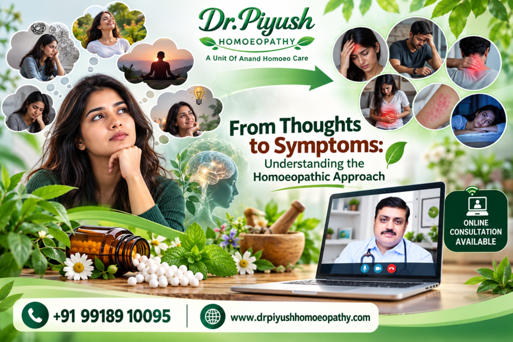 Dr. Piyush Homoeopathy infographic explaining the connection between thoughts, emotions, and physical symptoms through a homoeopathic approach