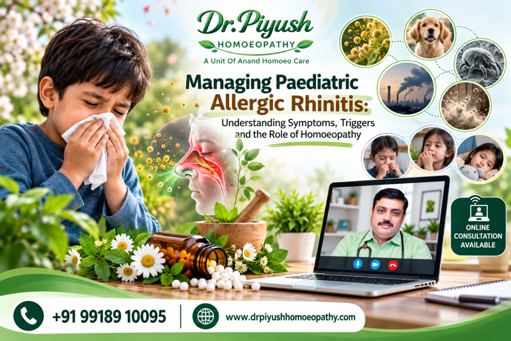 Dr. Piyush Homoeopathy infographic on managing paediatric allergic rhinitis, including symptoms, environmental triggers, and the role of homoeopathy