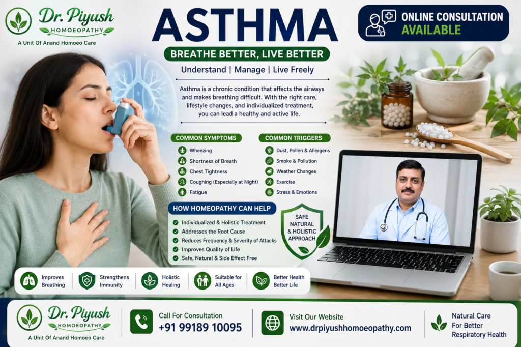 Asthma awareness poster featuring common symptoms, triggers, homoeopathic care, and online consultation with Dr. Piyush Homoeopathy
