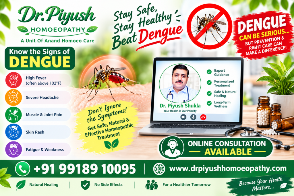 Dengue awareness poster showing warning signs, symptoms, prevention tips, homoeopathic care, and online consultation by Dr. Piyush Homoeopathy