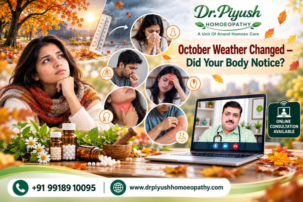 October weather changes and seasonal health symptoms awareness poster by Dr. Piyush Homoeopathy with online consultation