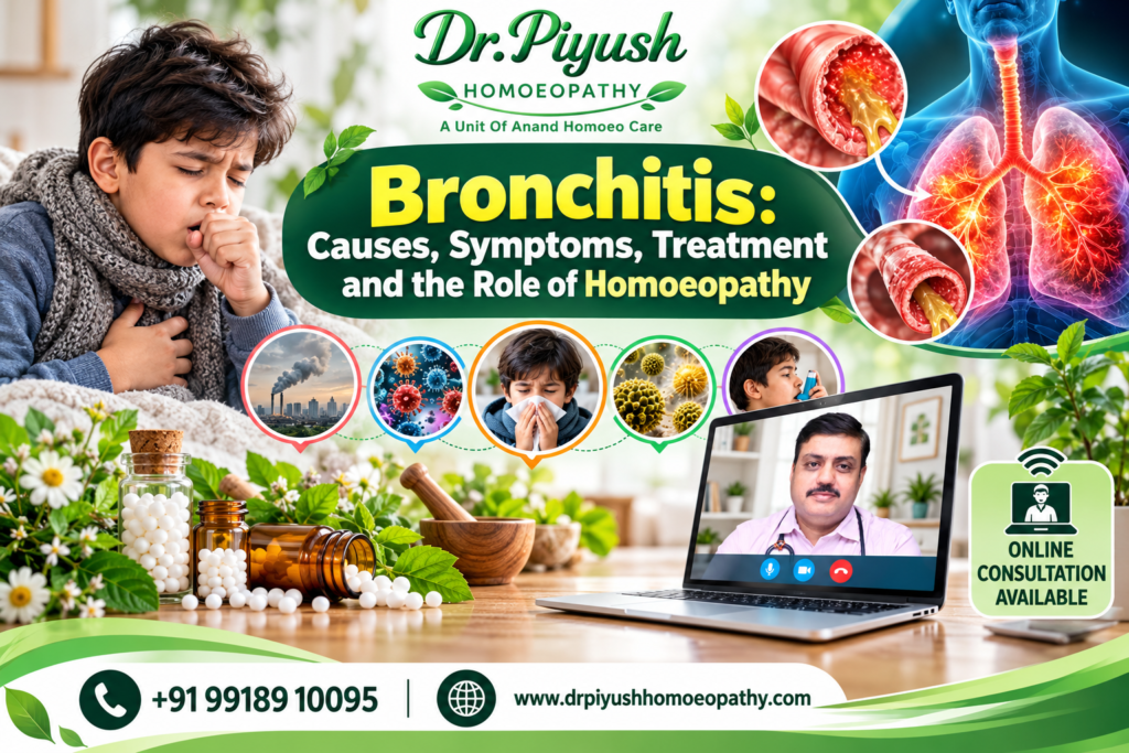 Bronchitis awareness poster by Dr. Piyush Homoeopathy showing a child with a cough, inflamed airways, respiratory symptoms, possible causes, and online consultation availability.