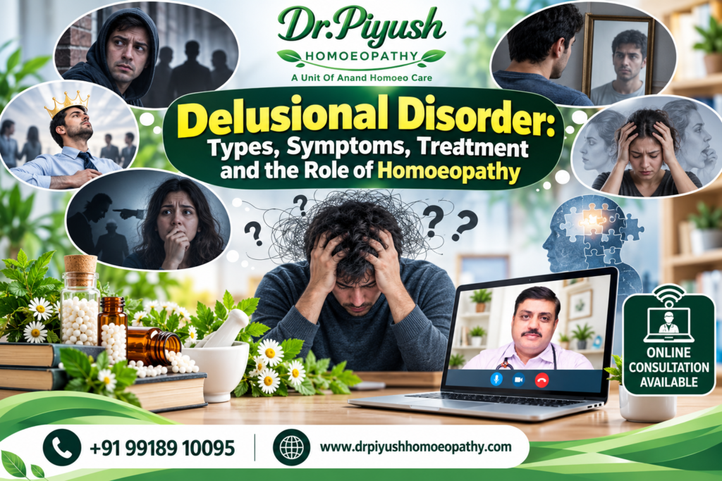 Delusional disorder awareness poster by Dr. Piyush Homoeopathy explaining types, symptoms, treatment options, and the role of homoeopathy, with online consultation availability.