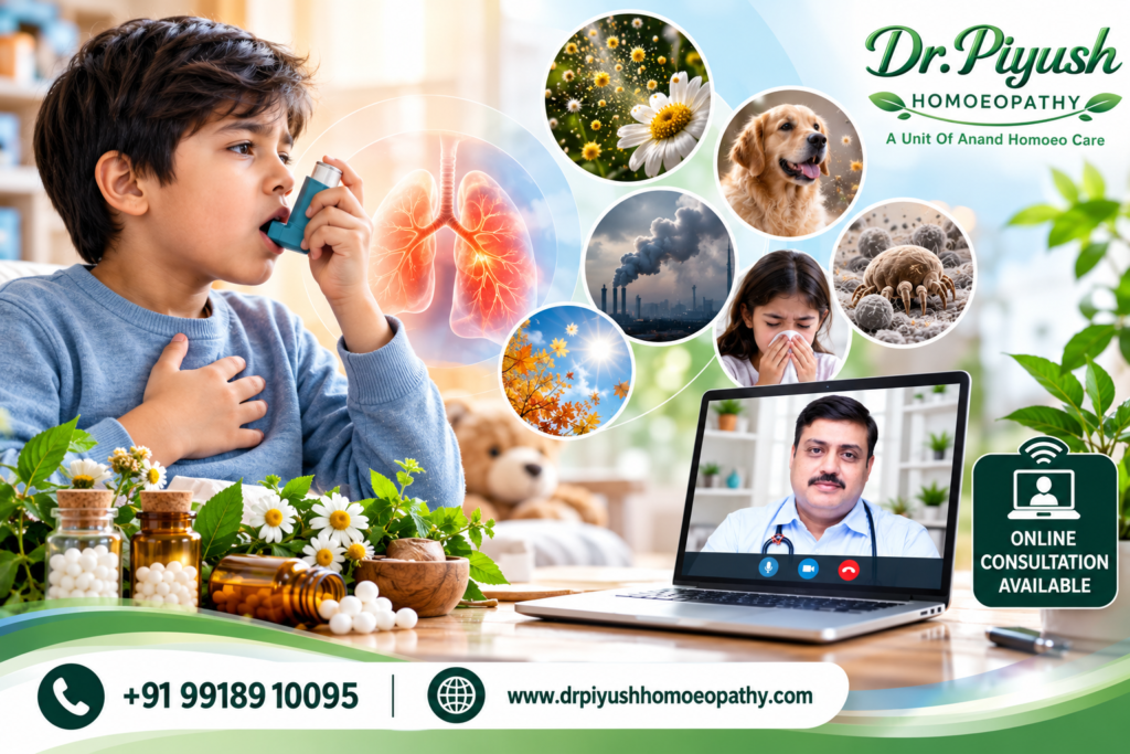 Pediatric asthma awareness poster showing a child using an inhaler, respiratory triggers, homeopathic care, and online consultation with Dr. Piyush Homoeopathy