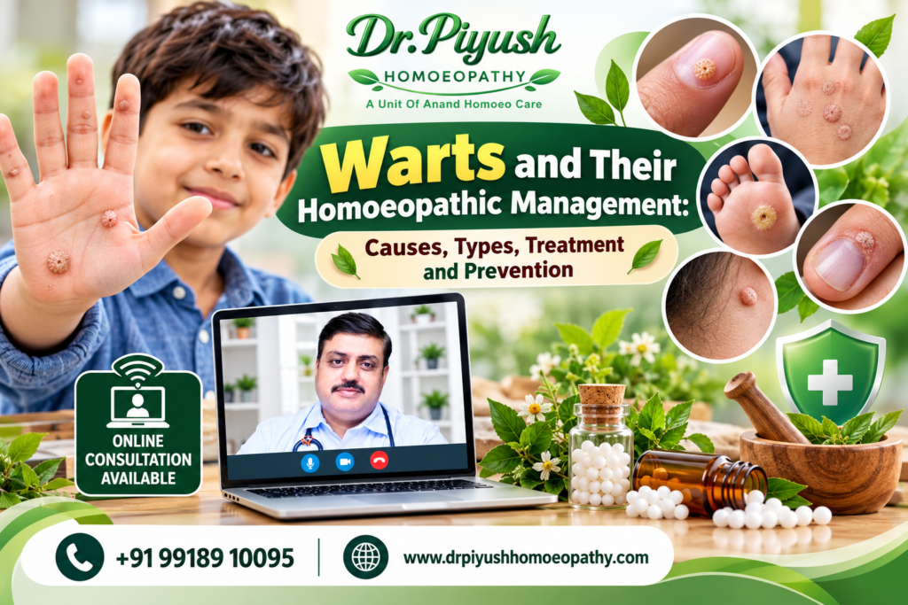 Warts awareness poster by Dr. Piyush Homoeopathy showing common wart types on the hands, feet, skin and fingers, with information about causes, treatment, prevention and online consultation.